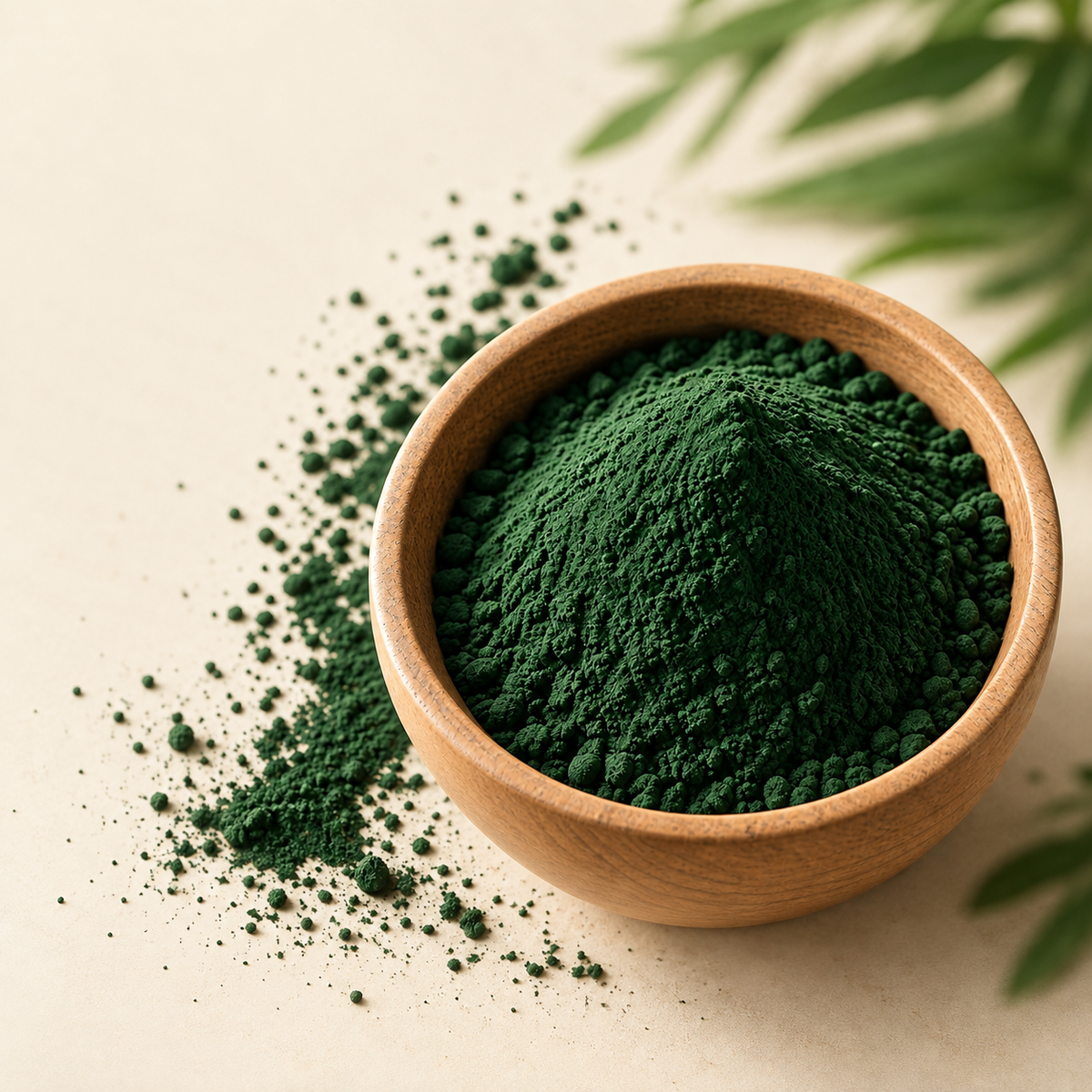 Spirulina powder in a natural wooden bowl